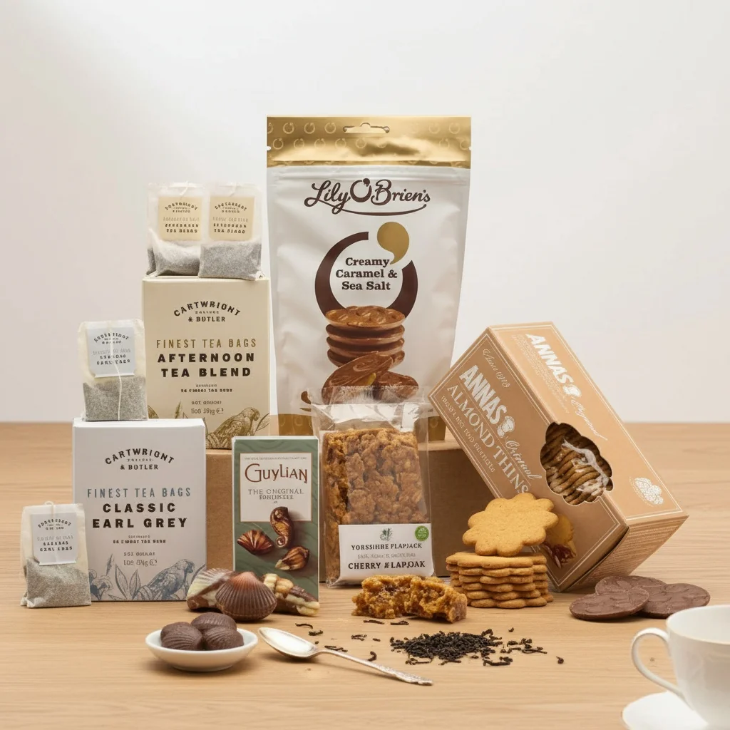 Afternoon Tea & Treats Gift box containing Earl Grey, afternoon tea bags, caramel rounds, flapjack, chocolates and almond thins