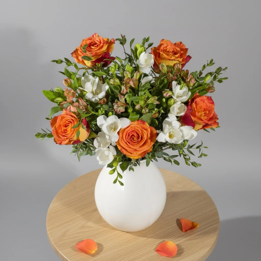 Autumn Rose and Freesias - Orange roses with white freesia and alstroemeria