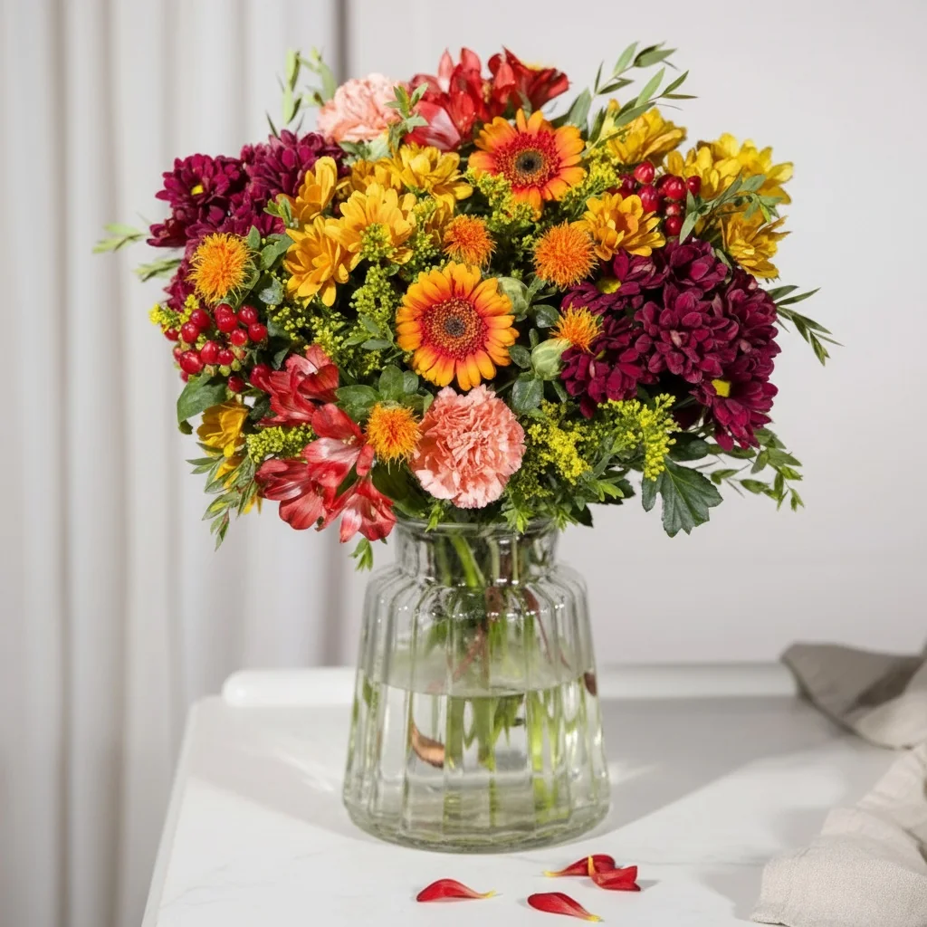 Autumn Sunrise XL bouquet with bold oranges, deep reds and warm golden blooms in an oversized hand-tied arrangement
