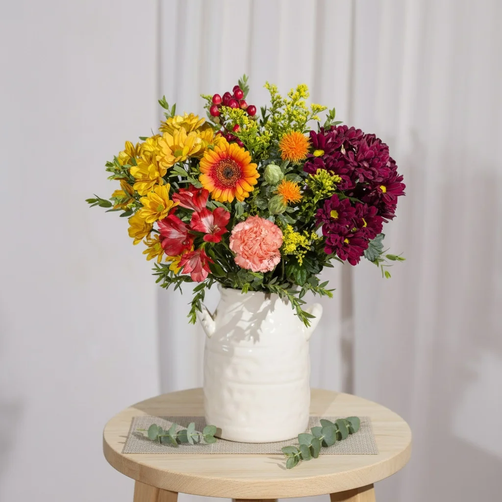 Autumn Sunrise - Golden orange and red chrysanthemums with gerbera daisy