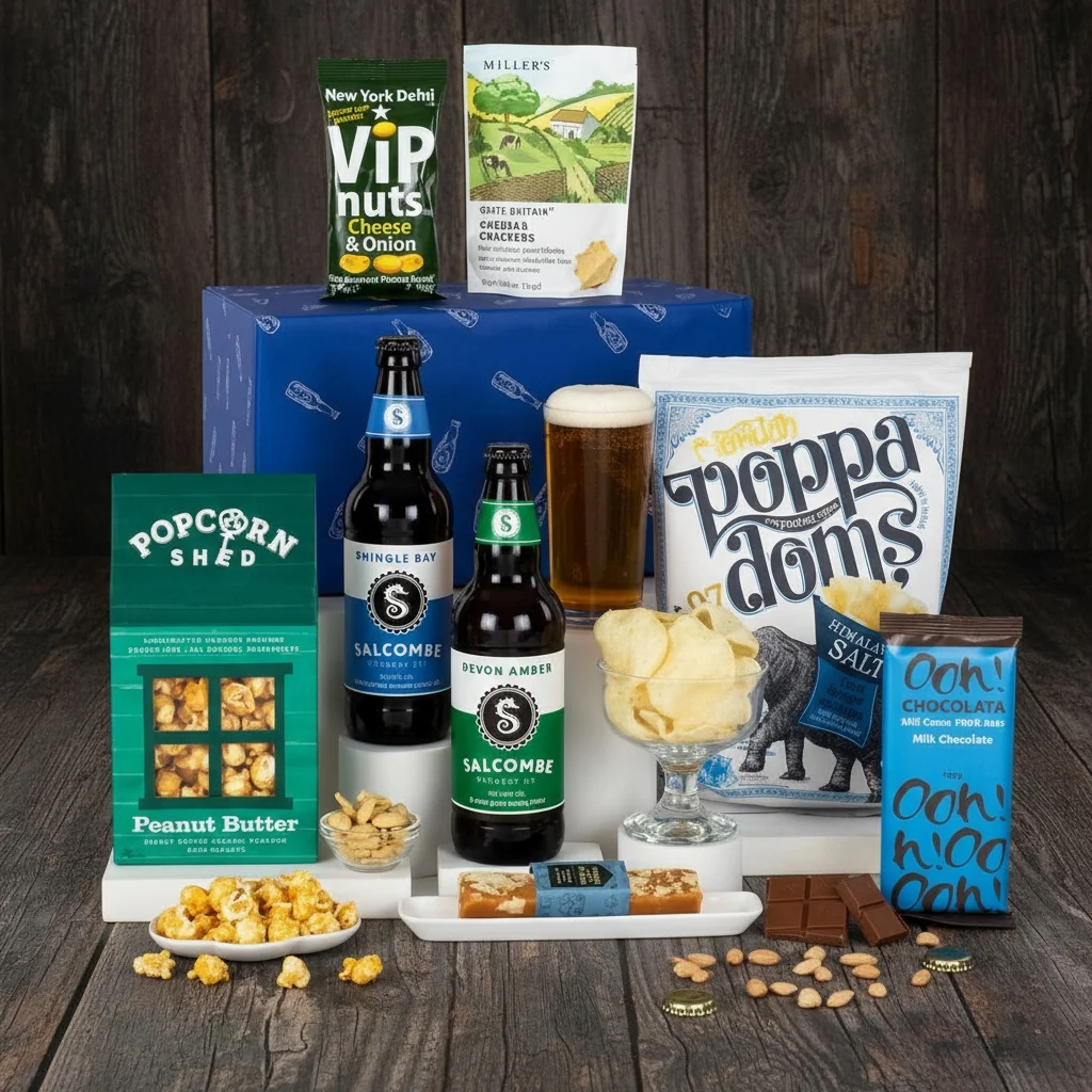 Beer and Ale Treat Box hamper with a selection of craft ales and savoury snacks presented in a gift box