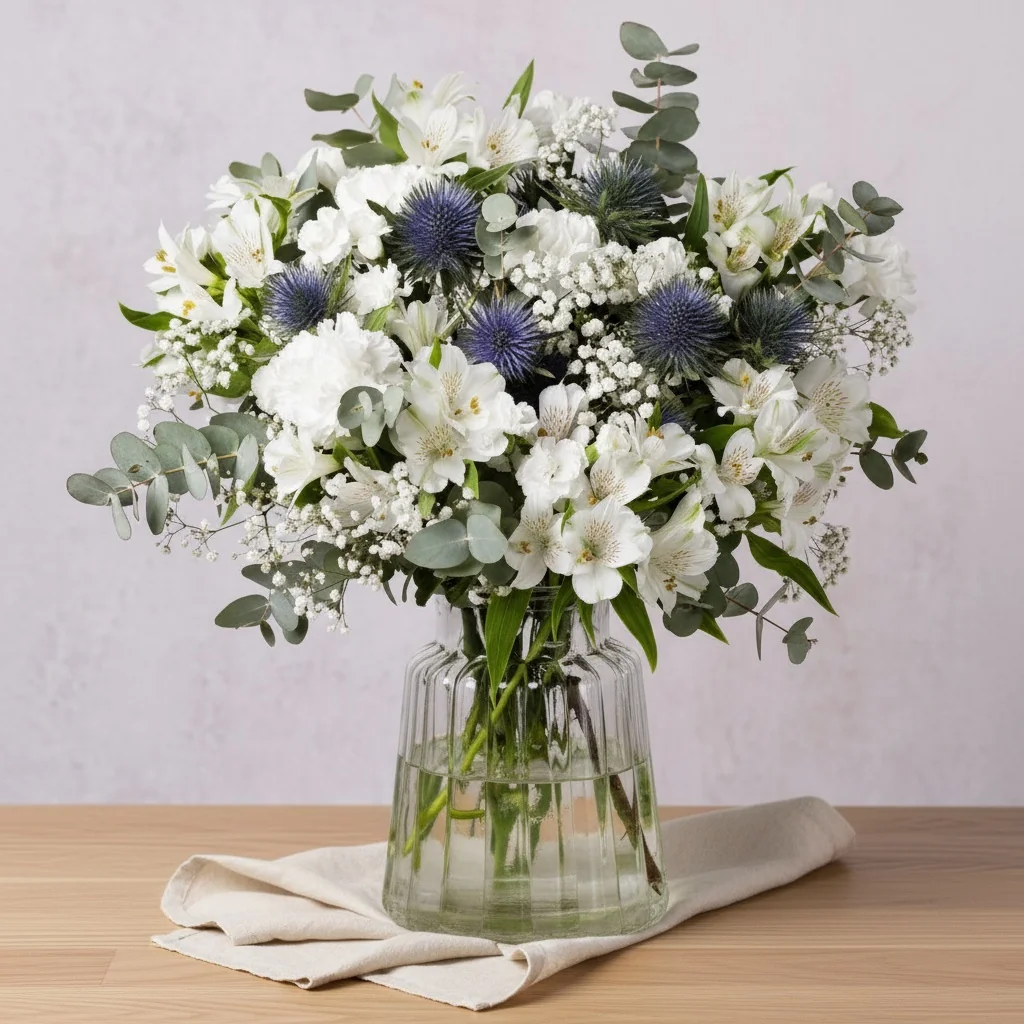 Blue Moon XL - White carnations with alstroemeria and blue thistles