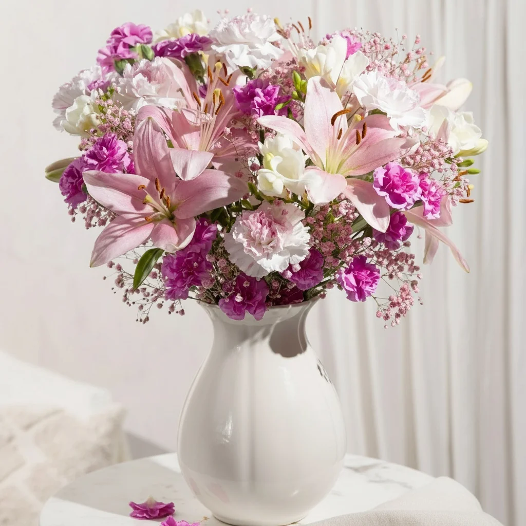 Cherry Blossom Large - Pale pink Asiatic lilies with carnations and freesias