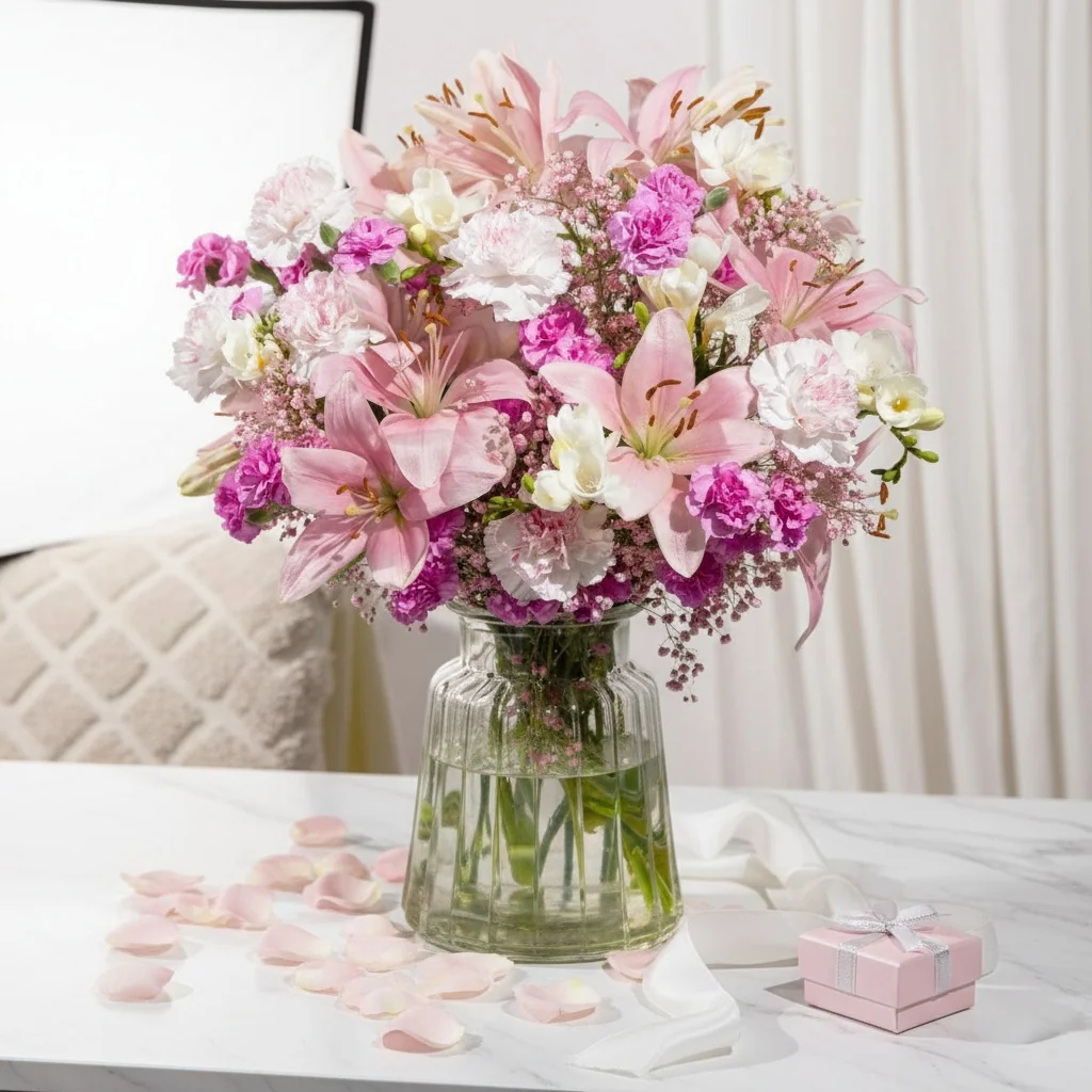 Cherry Blossom XL - Pink lilies and white freesias in delicate arrangement