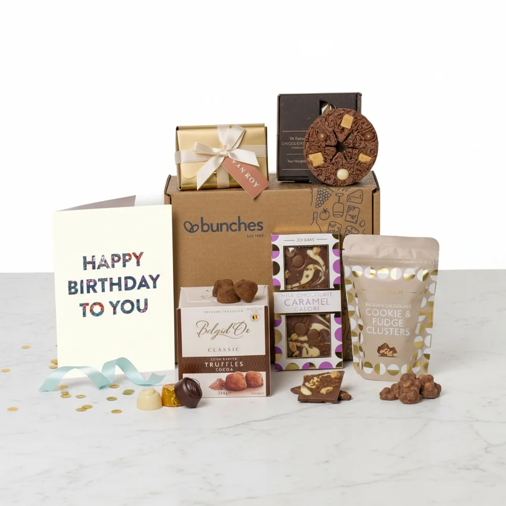 Chocolate Bliss Birthday Gift with a luxury chocolate selection wrapped in elegant birthday packaging