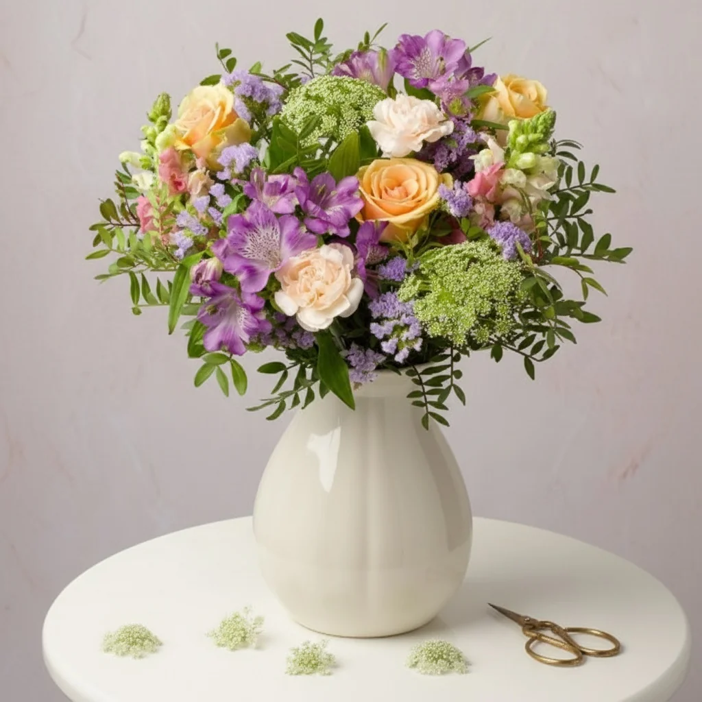Enchanted Meadow - Peach roses with cream carnations and alstroemeria