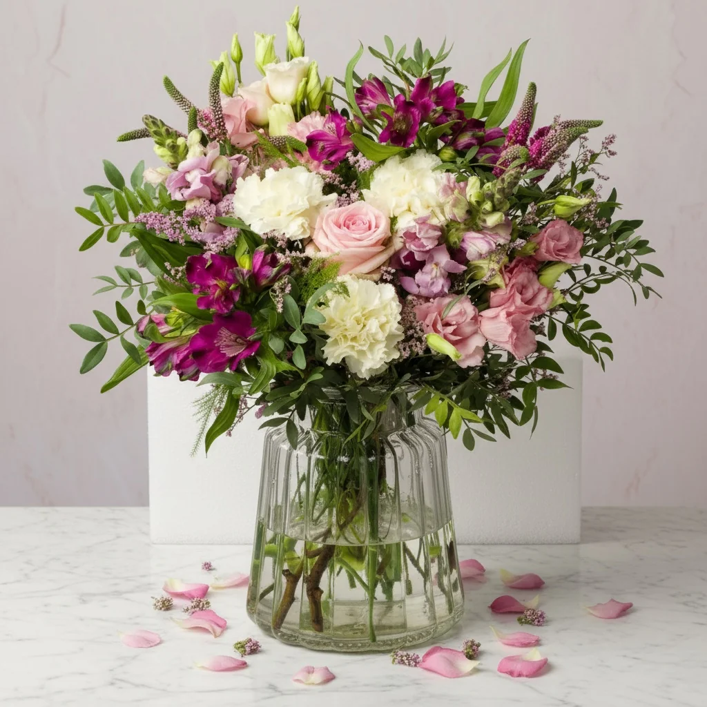 Florentina - Avalanche roses and cream carnations with purple alstroemeria
