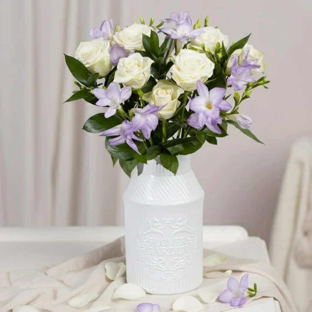 Freesias and Roses - White roses with purple freesia bouquet