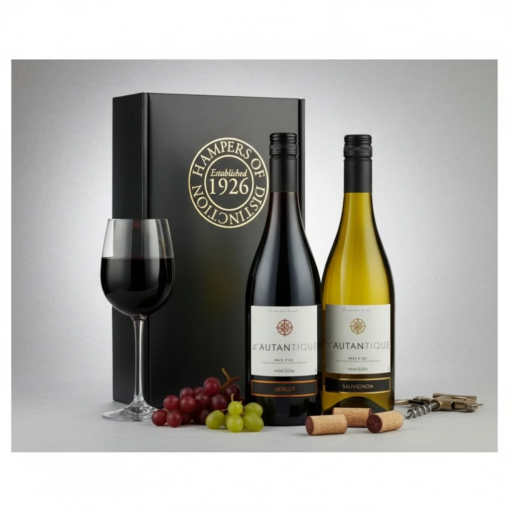French Wine Duo gift set with a bottle of Merlot and a bottle of Sauvignon Blanc presented in a black gift box