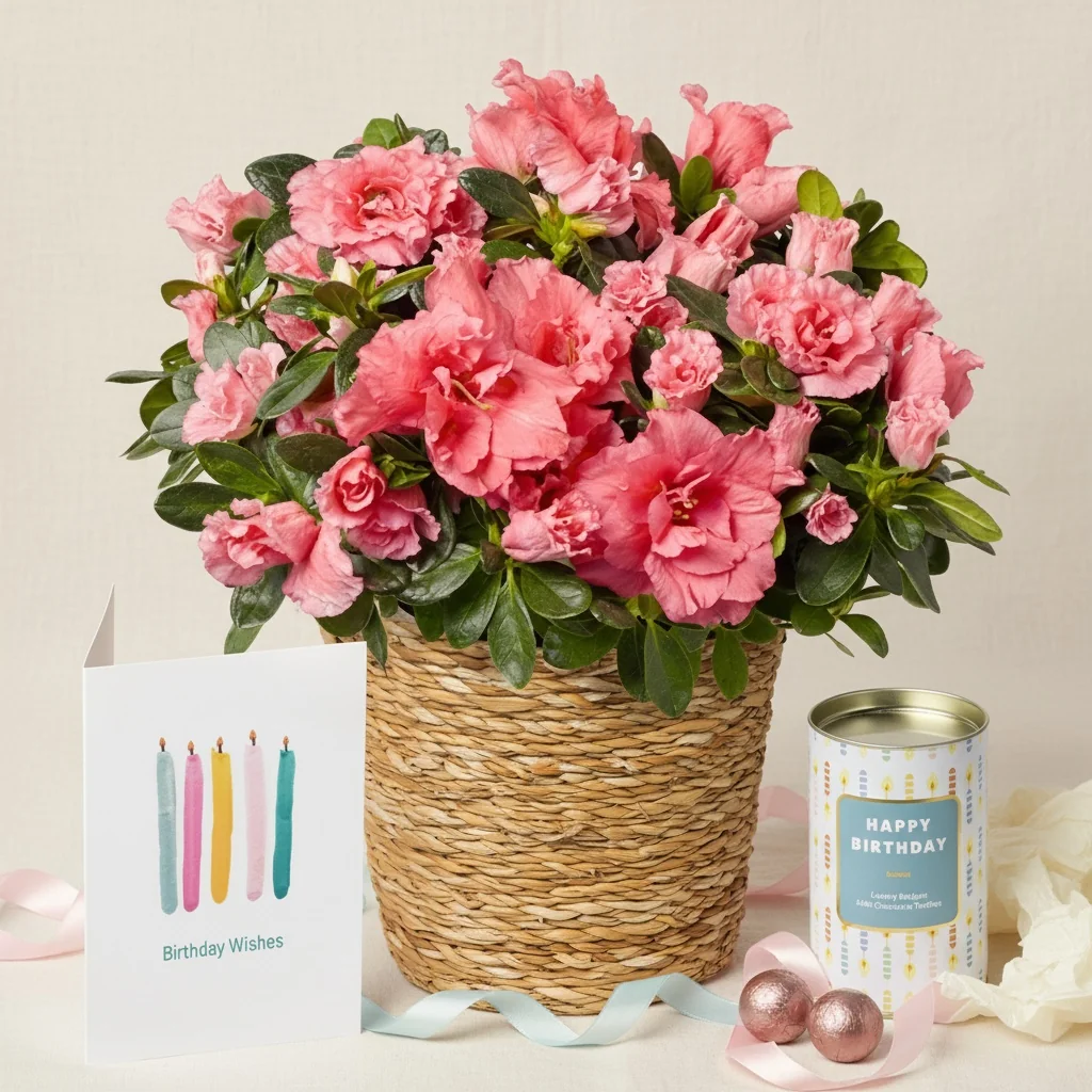 Happy Birthday Azalea Gift - Pink azalea plant with chocolate truffles and birthday card