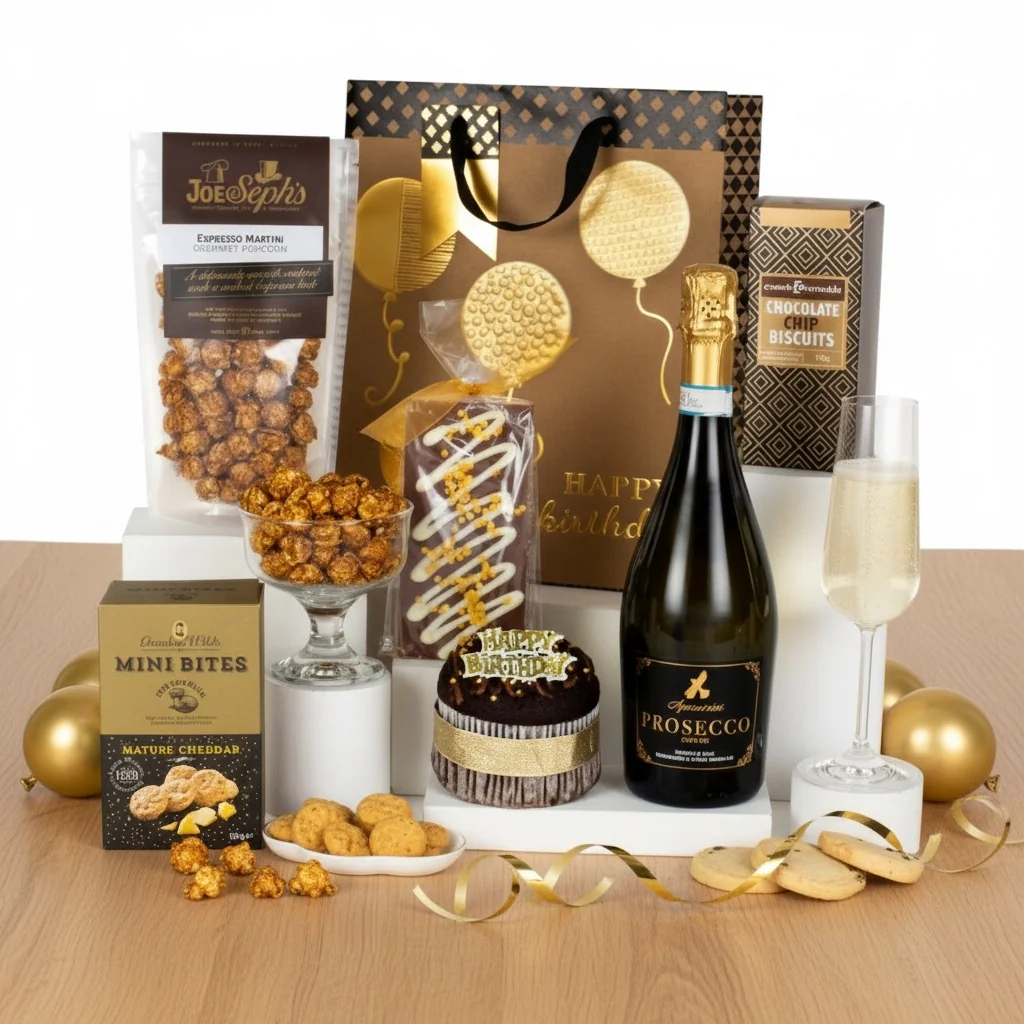 Happy Birthday to You Hamper with a generous selection of snacks, treats and celebration goodies in a birthday presentation hamper