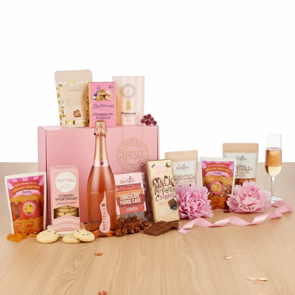 Luxury Rose Prosecco Gift Box with a bottle of rosé prosecco and complementary treats presented in an elegant gift box