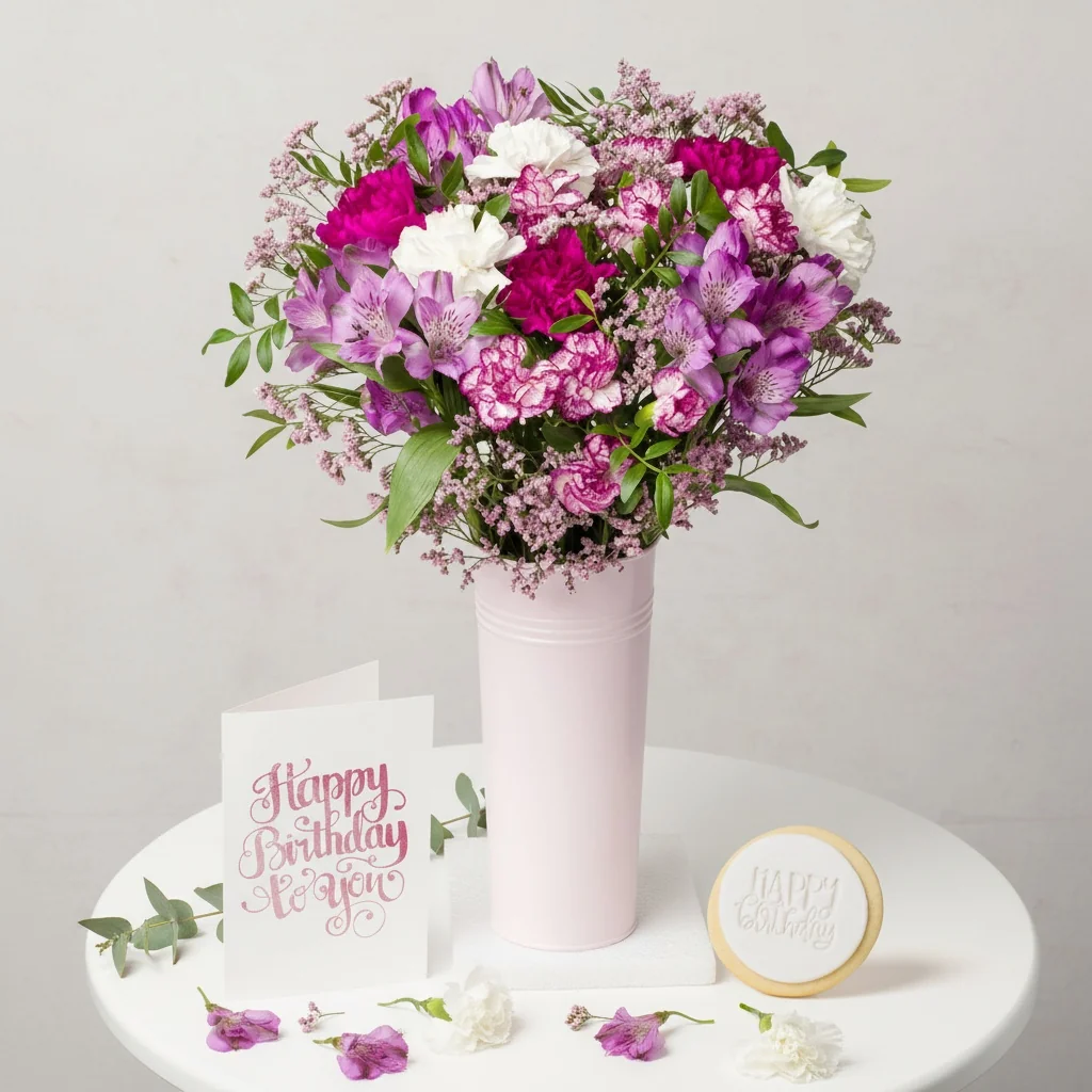 Mauve Magic Birthday Gift - Purple carnations and alstroemeria with eucalyptus