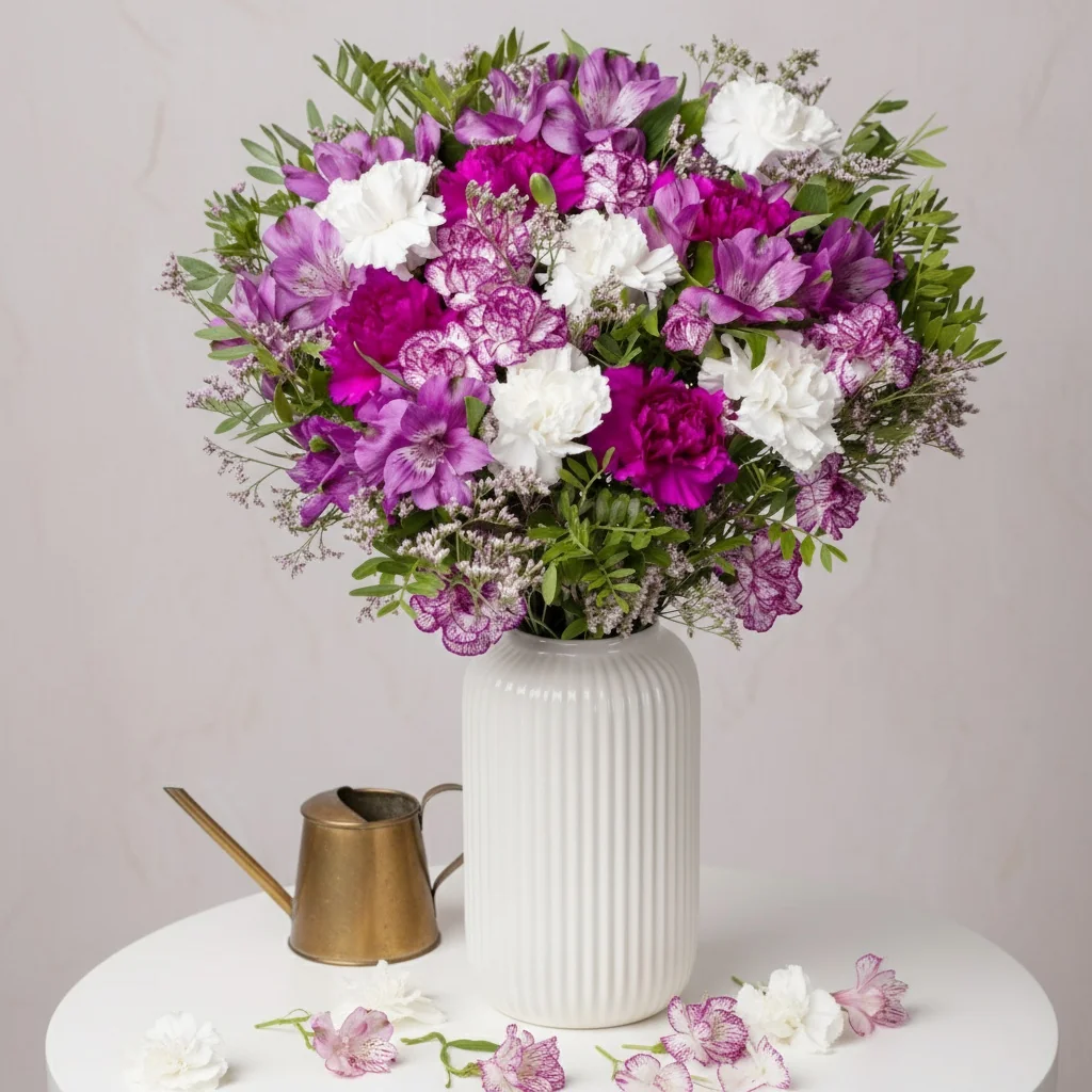 Mauve Magic Large - Magenta and white carnations with purple alstroemeria