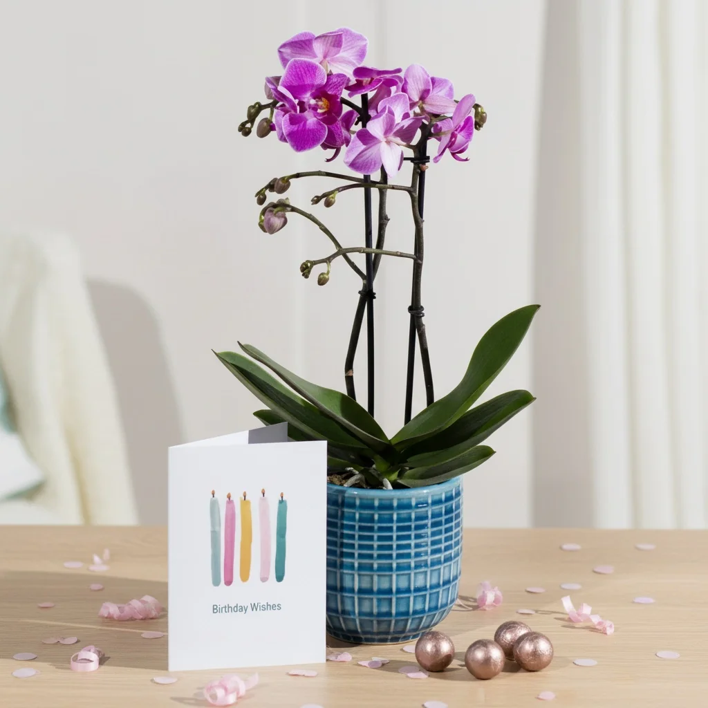 Phalaenopsis Birthday Gift - Mini orchid with chocolate truffles and birthday card