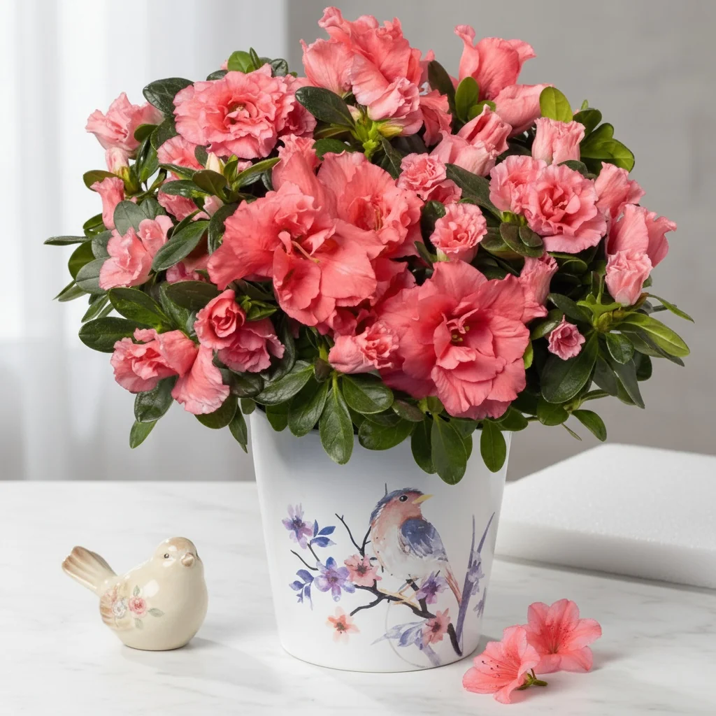 Pink Azalea in Ceramic Bird Pot - Pink azalea plant in decorative ceramic pot