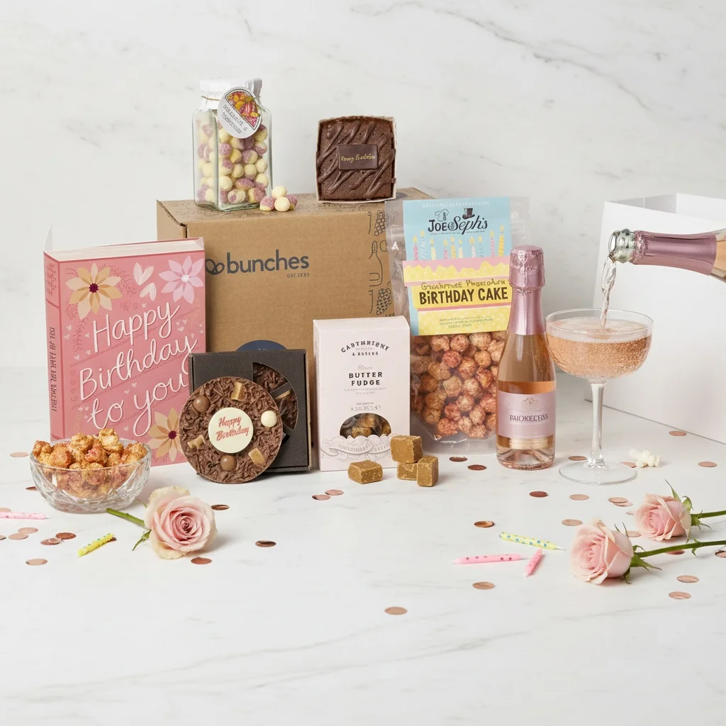 Pink Prosecco Birthday Treats hamper with a bottle of pink prosecco surrounded by chocolates, biscuits and birthday-themed treats in a presentation box