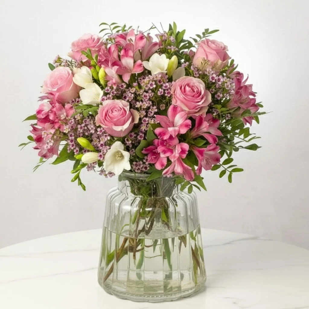 Pink Roses and Freesias - Soft pink roses with white freesia and alstroemeria
