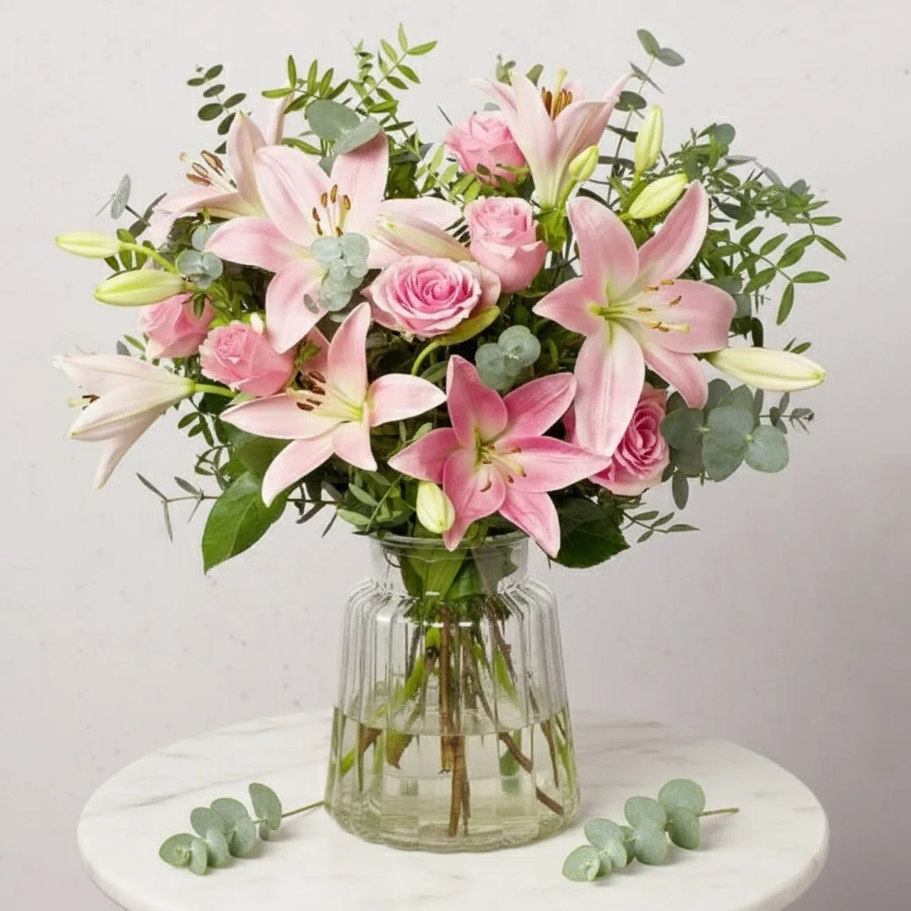 Rose and Lily Bouquet - Pink roses with white Asiatic lilies and eucalyptus