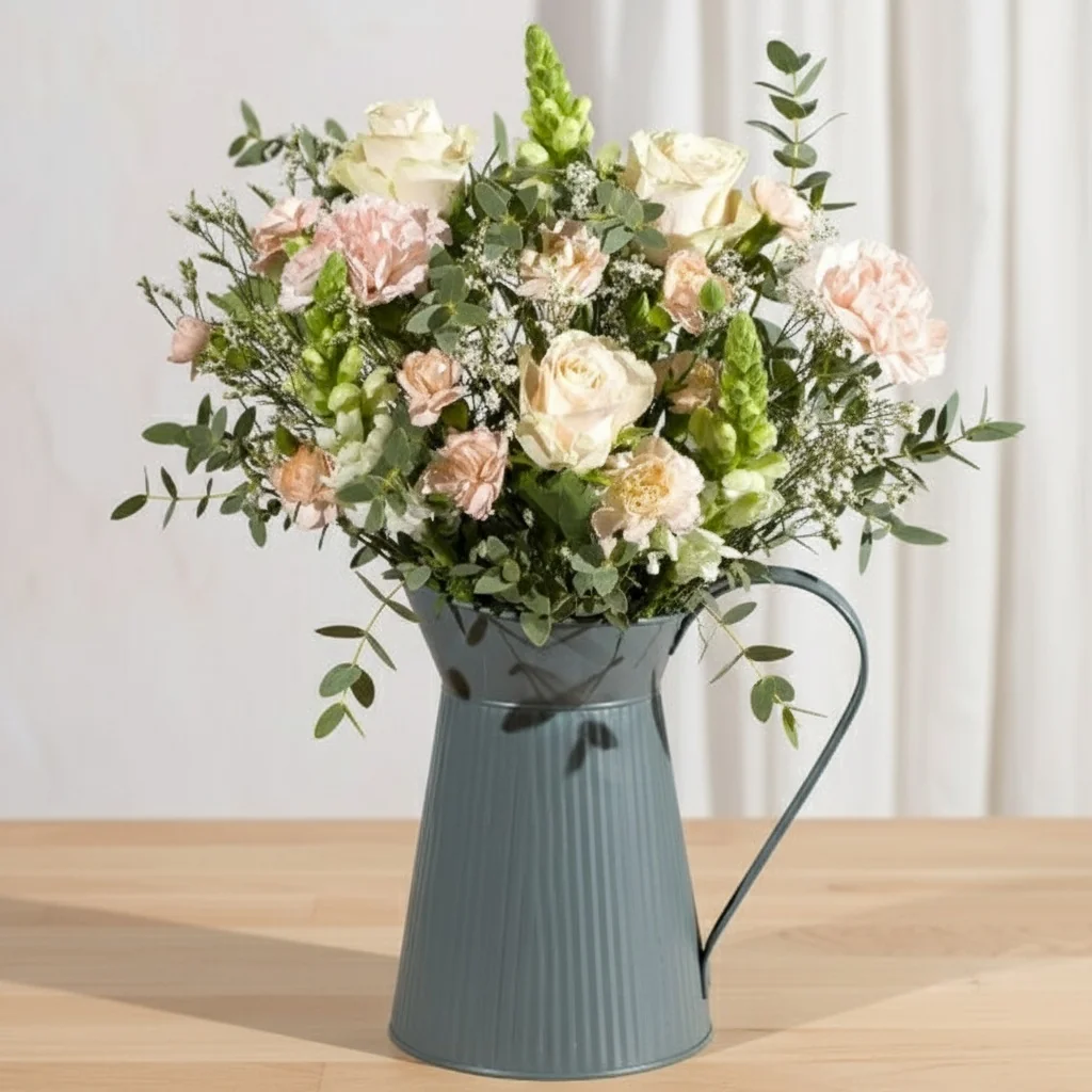 Secret Garden - Peach roses and carnations with white snapdragon and greenery