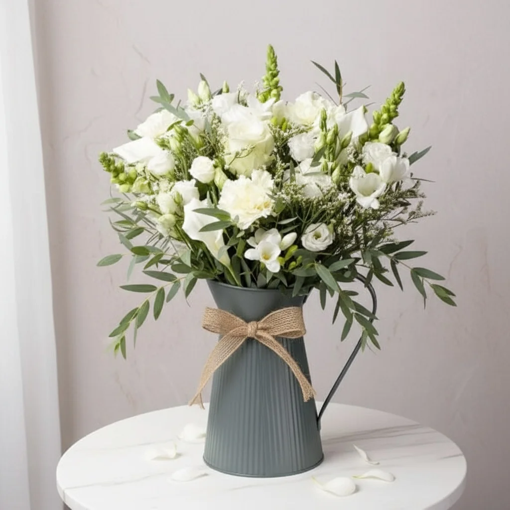 Serendipity - White calla lilies with white snapdragon and roses