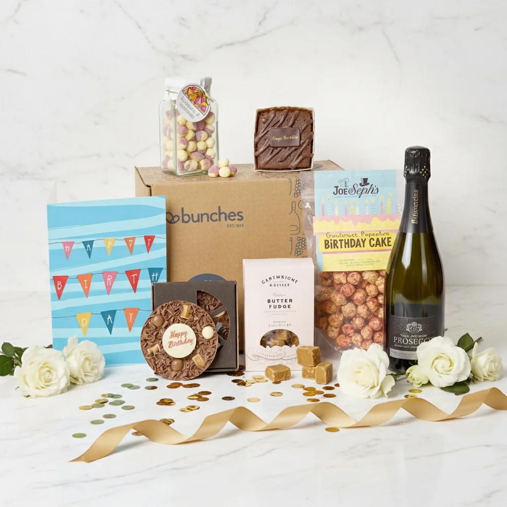 Sparkling Birthday Treats Hamper with prosecco, sweet treats and celebratory chocolates presented in a pretty birthday gift hamper