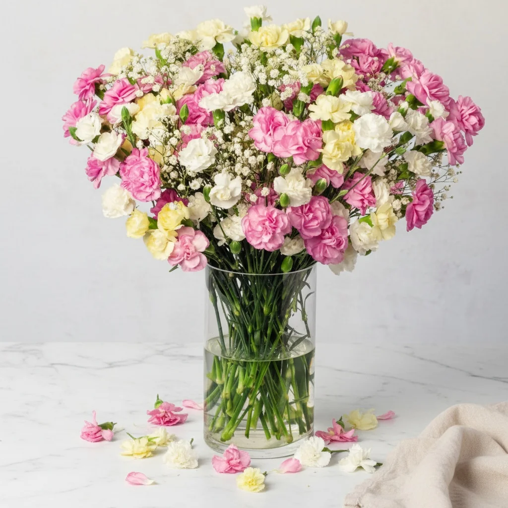 Spray Cascade XL - Pink, yellow and white carnations with gypsophila