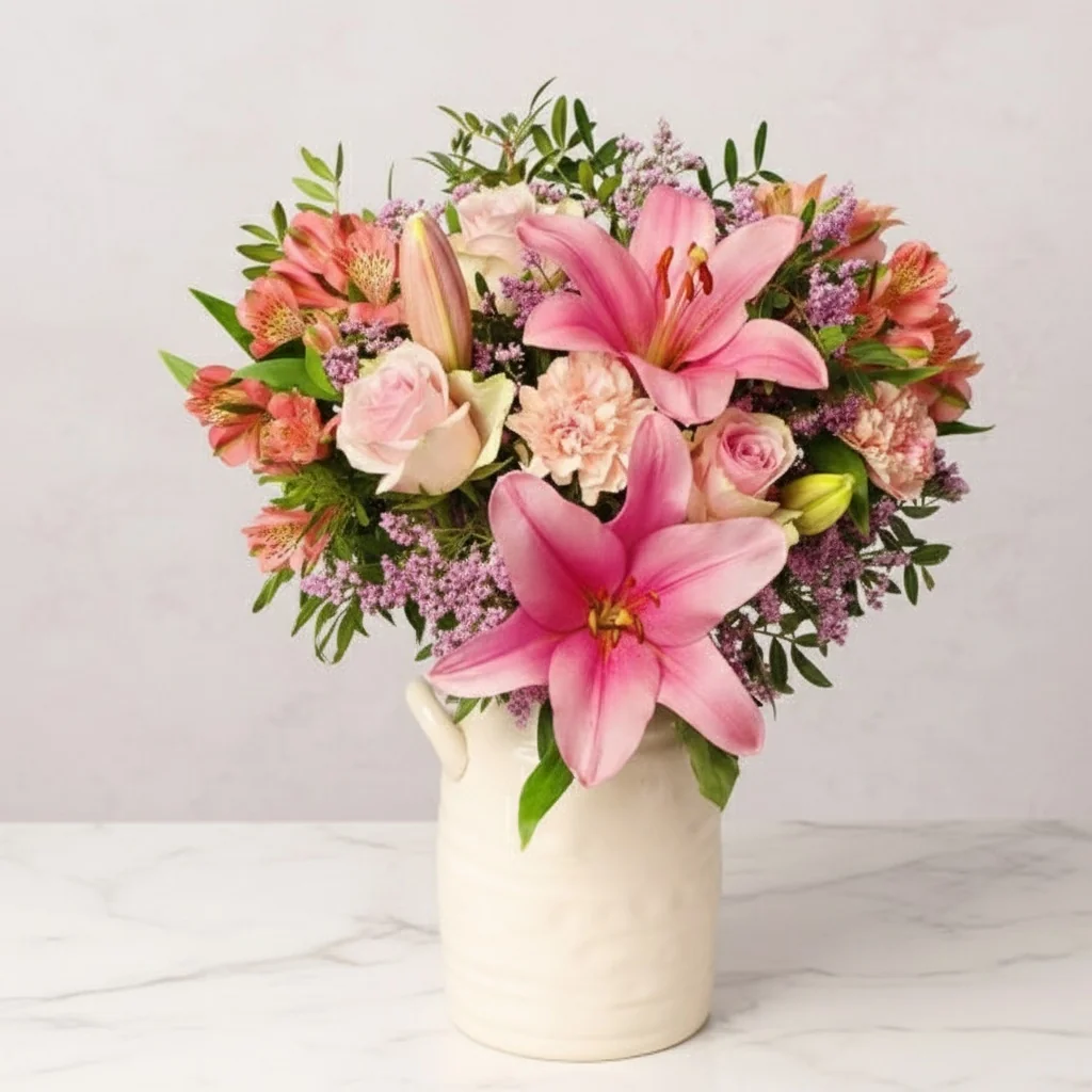 Strawberry Sunset - Pink roses with blush carnations and strawberry pink lily