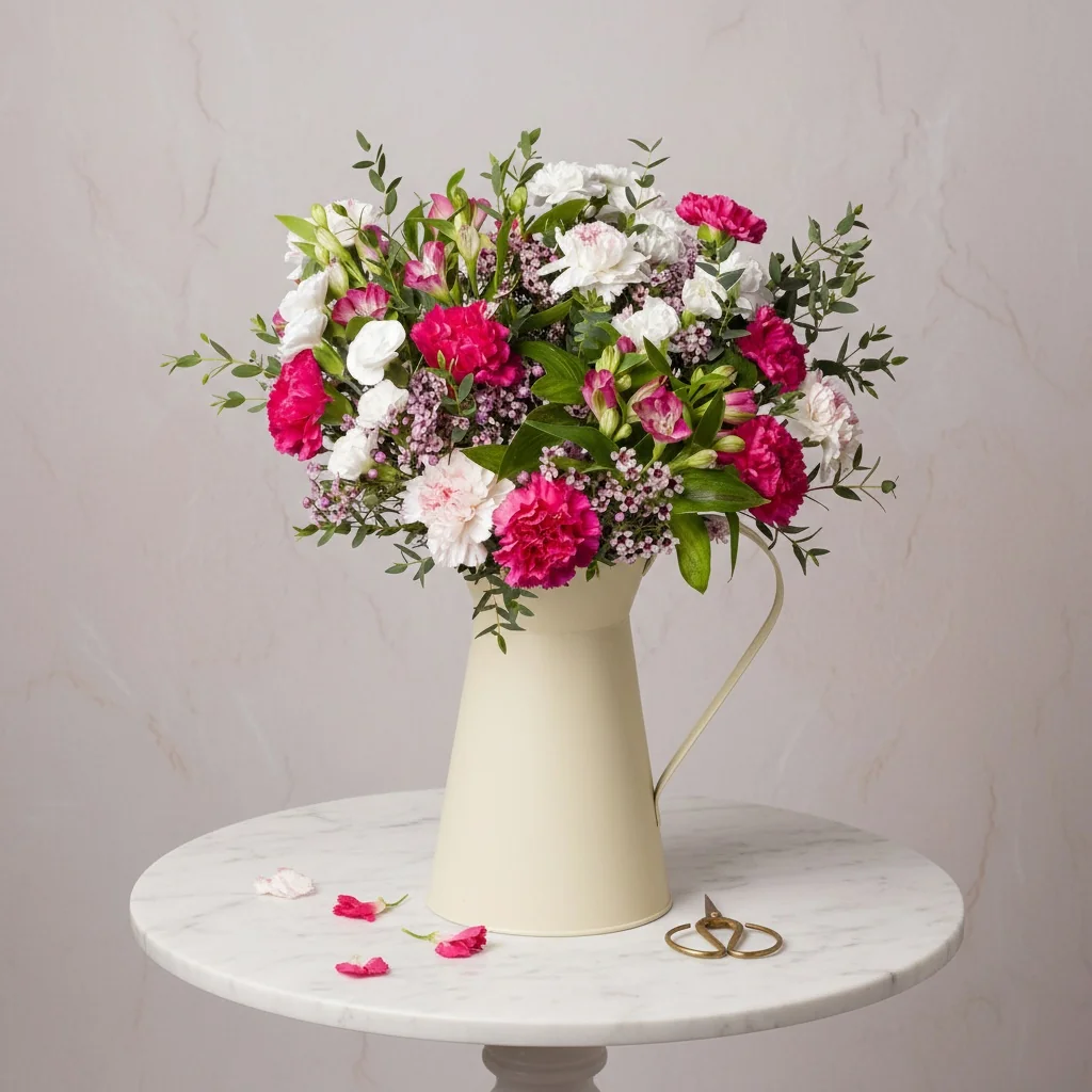 Strawberry Swirl Large - Pink and white carnations with alstroemeria and wax flowers