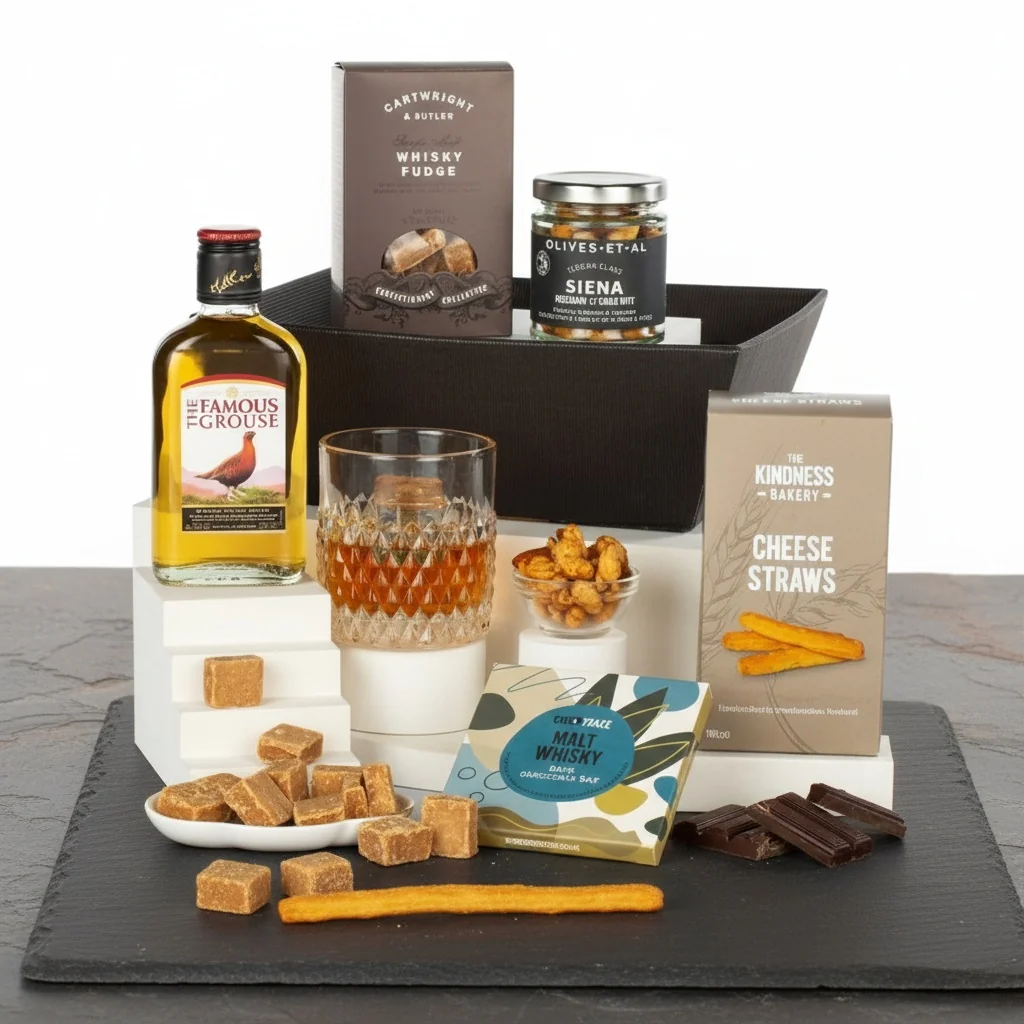 Whisky Lover's Gift set with a bottle of whisky and accompanying treats presented as a birthday gift
