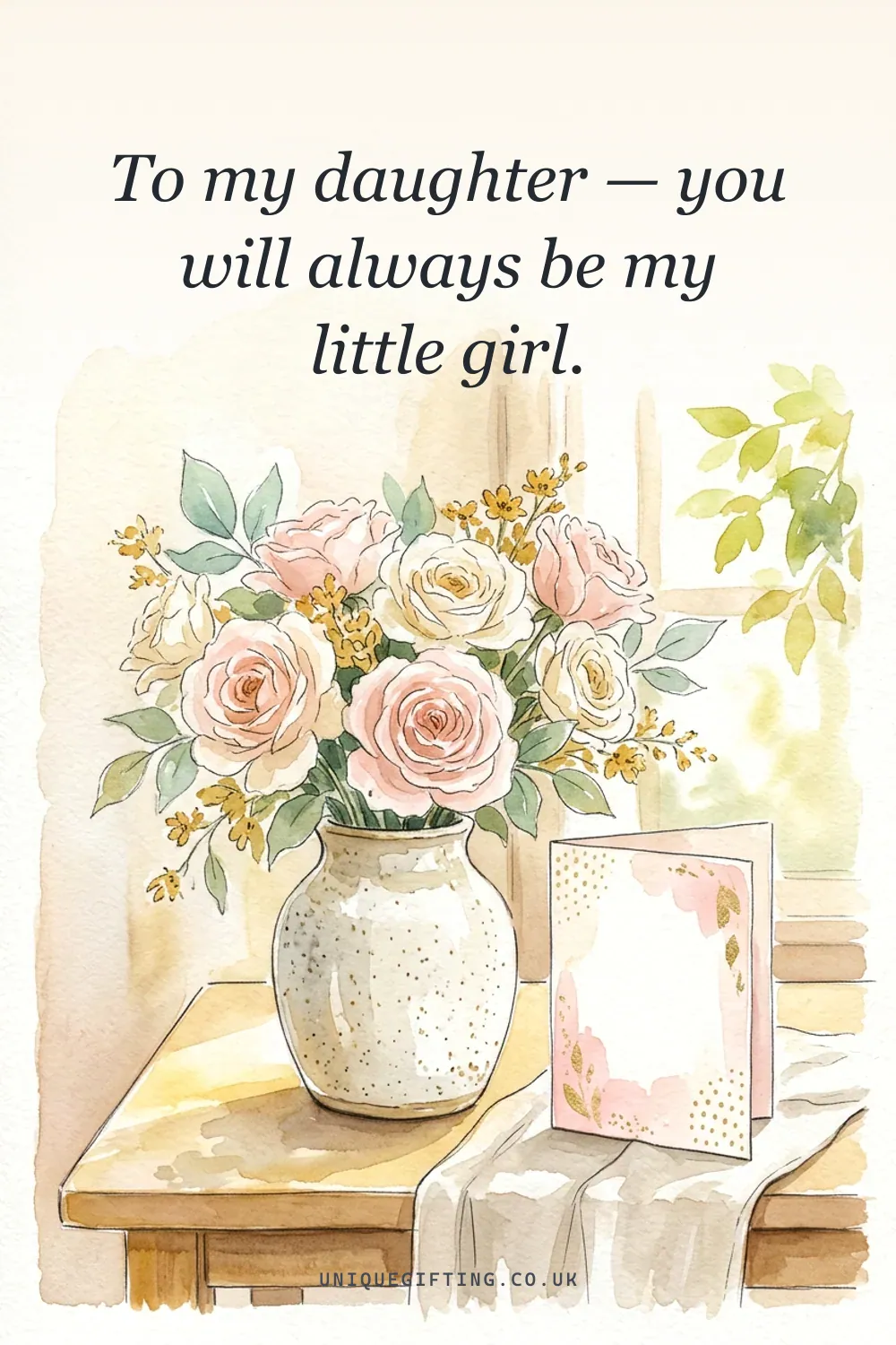 A birthday poem quote card for a daughter over a watercolour of pink roses and a birthday card