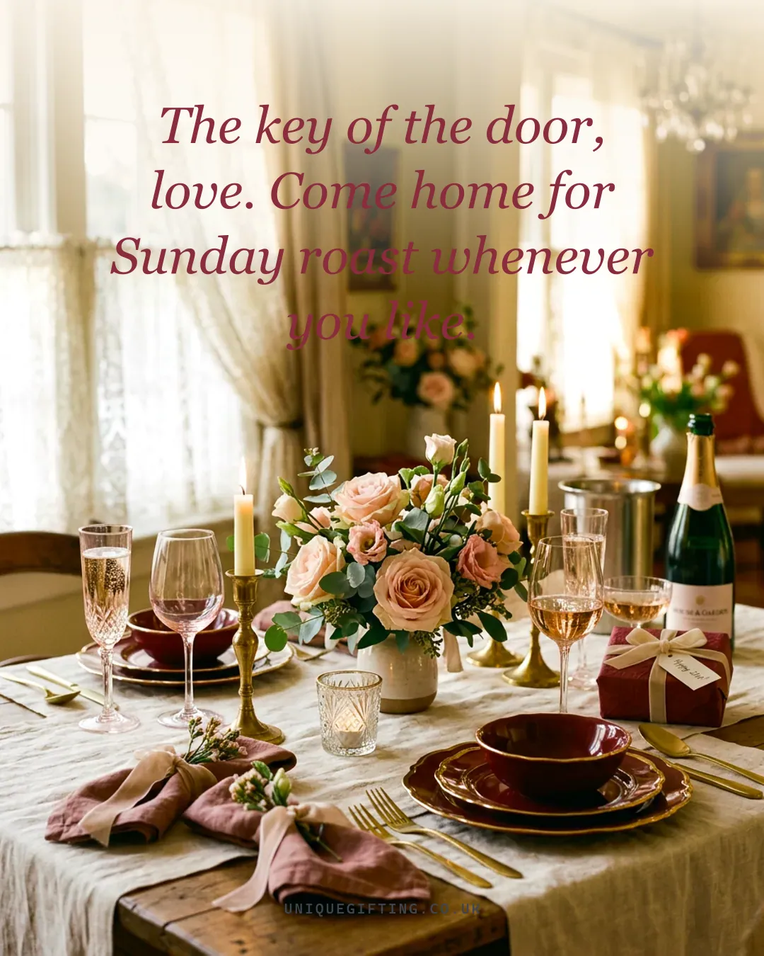 The key of the door, love. Come home for Sunday roast whenever you like.