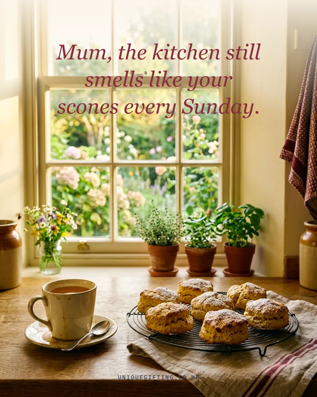 Mum, the kitchen still smells like your scones every Sunday.
