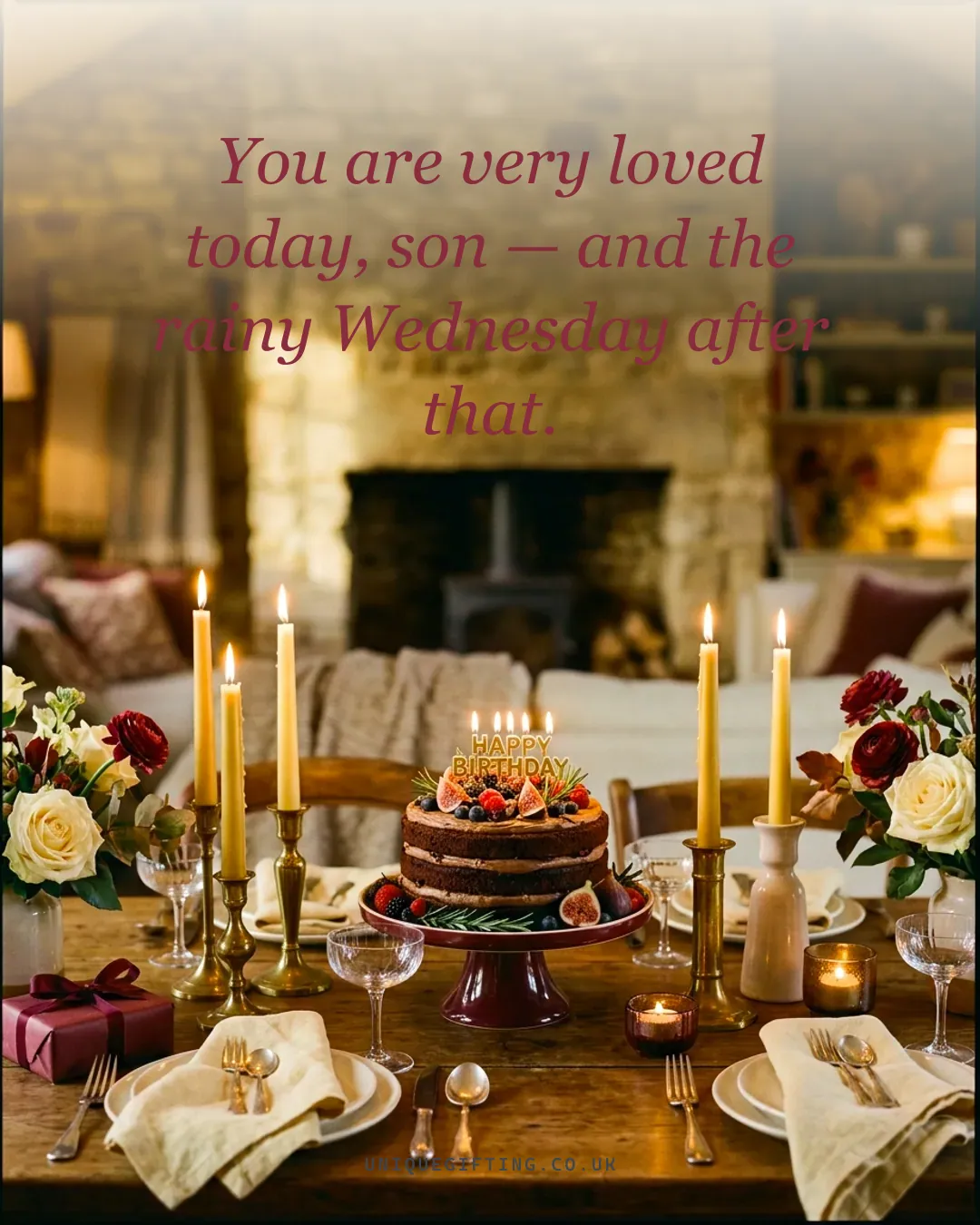 Quote card reading 'You are very loved today, son — and the rainy Wednesday after that' over a warm candlelit birthday scene