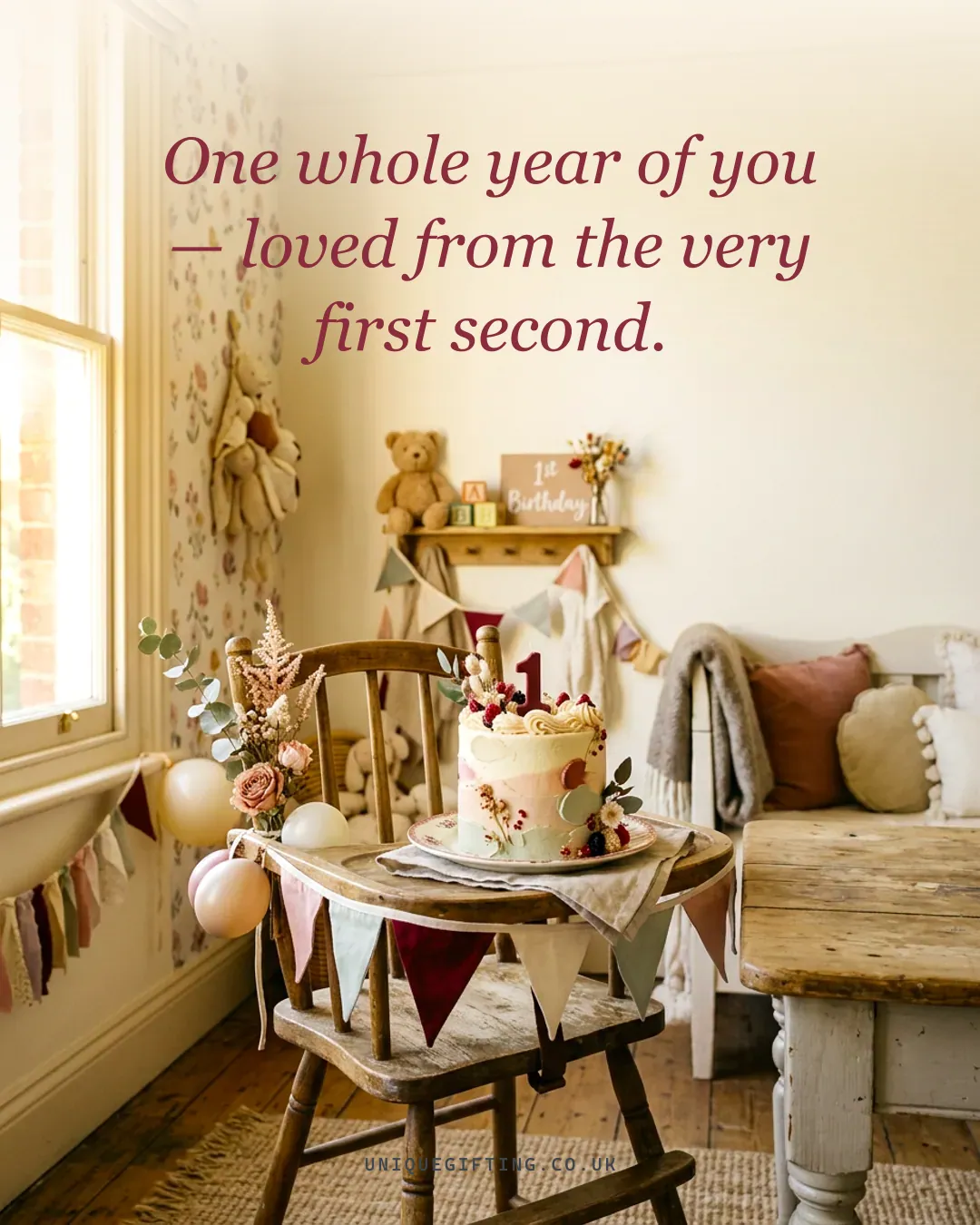 Quote card reading 'One whole year of you — loved from the very first second' over a soft pastel first-birthday cake scene