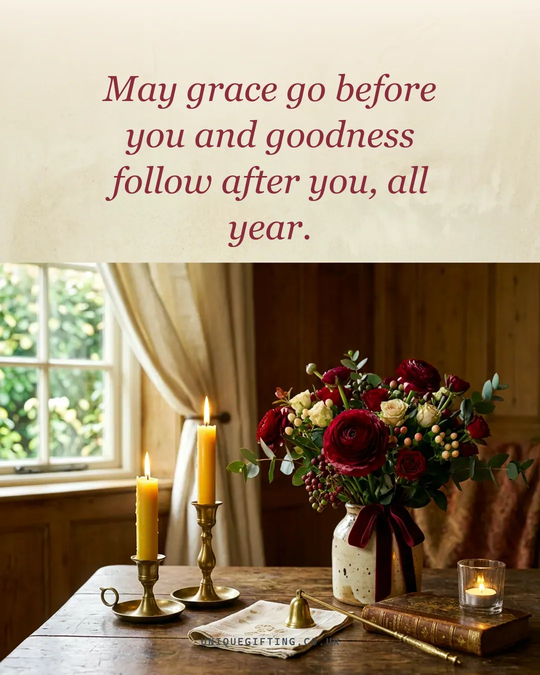 Quote card reading 'May grace go before you and goodness follow after you, all year' over a serene candlelit setting
