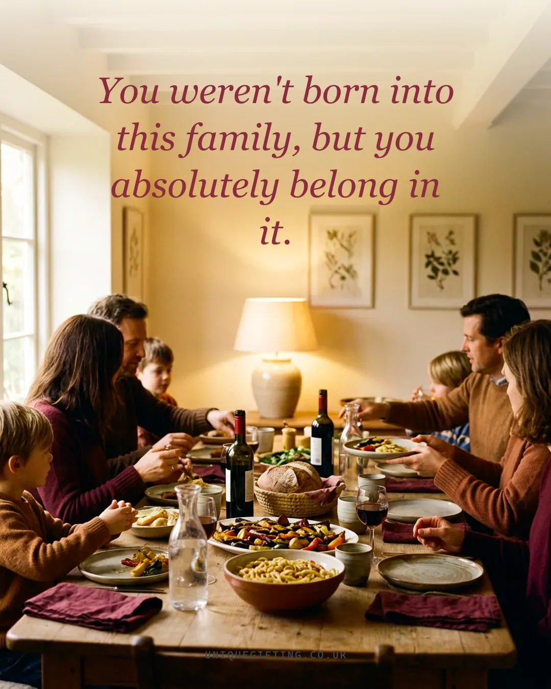 Quote card reading 'You weren't born into this family, but you absolutely belong in it' over a warm family table