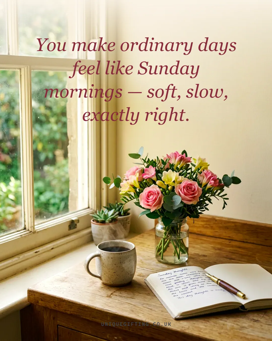 You make ordinary days feel like Sunday mornings — soft, slow, exactly right.