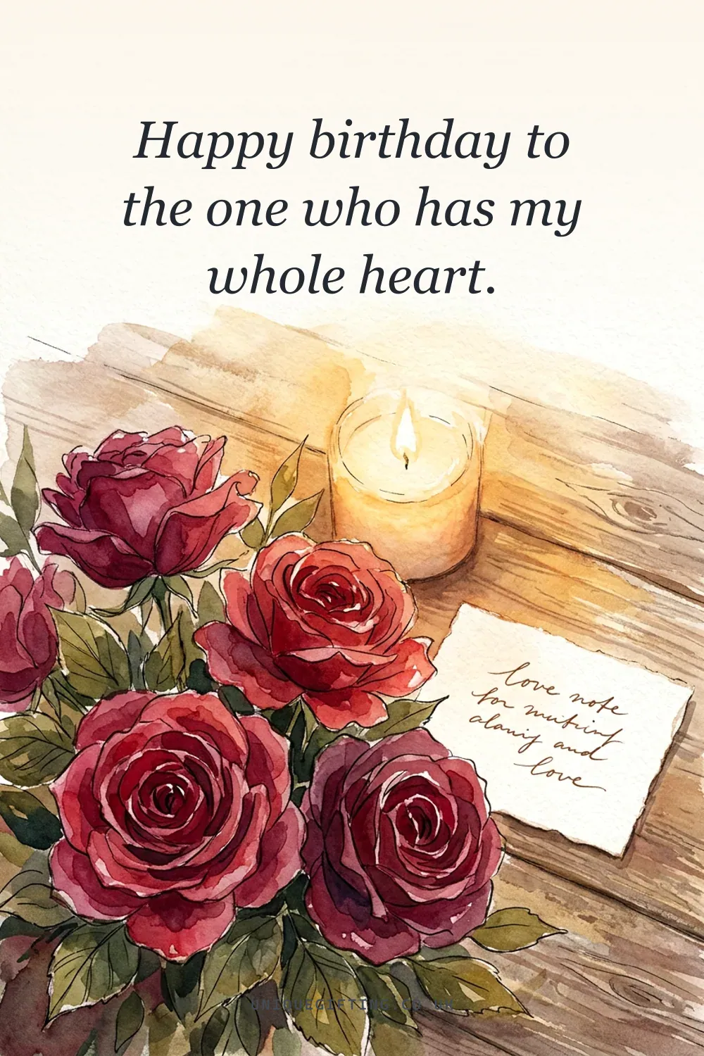 A birthday poem quote card for him over a watercolour of red roses and a handwritten note