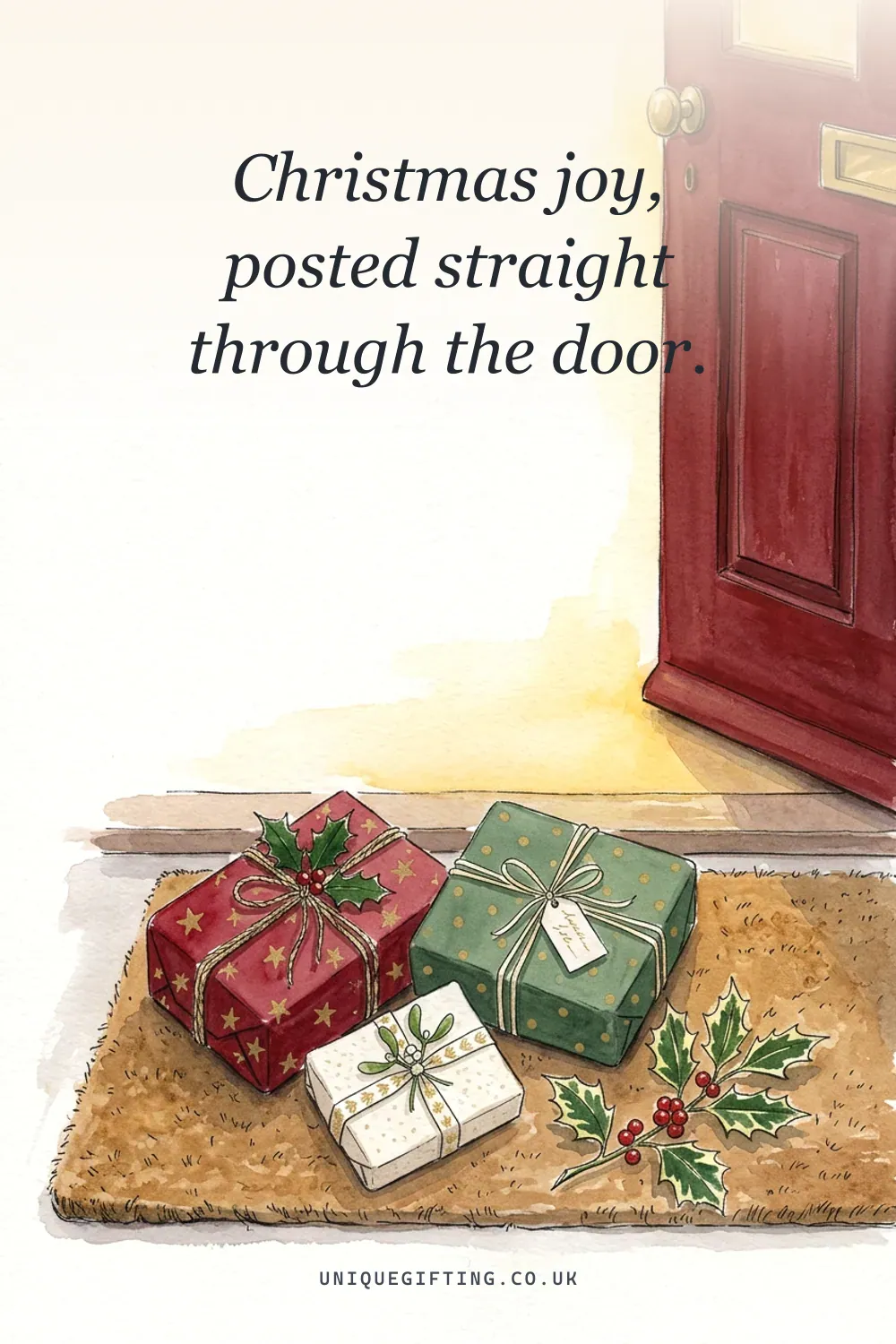 A festive quote card over a watercolour illustration for Christmas Letterbox Gifts: 20 Ideas Delivered Through the Do