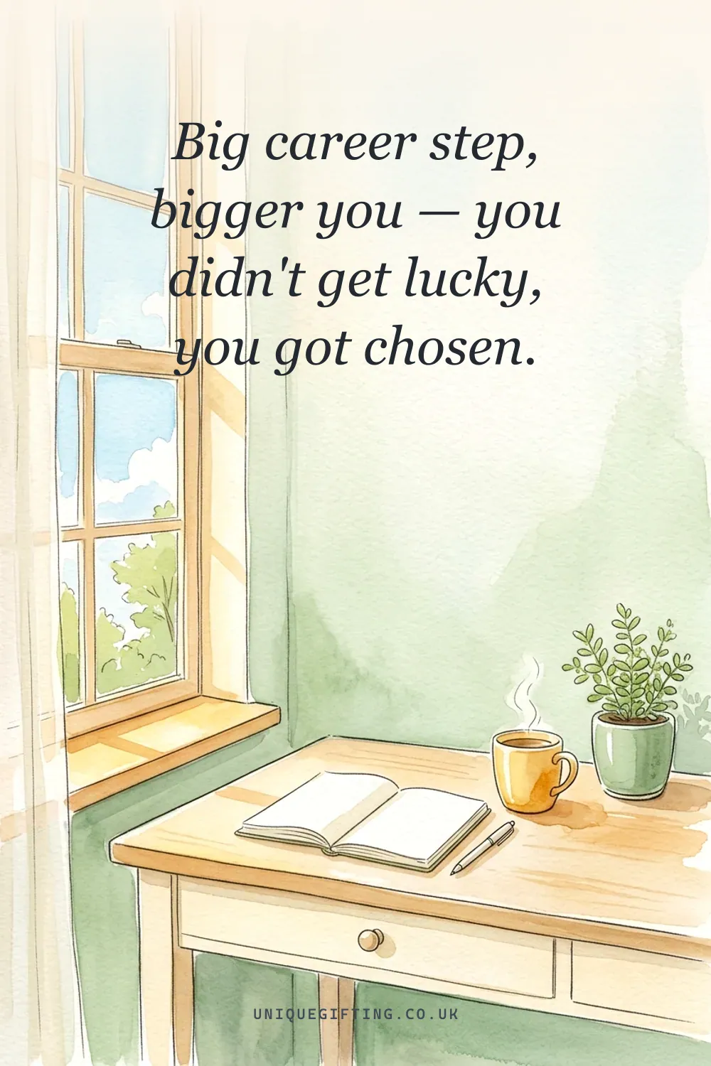 Good luck card reading 'Big career step, bigger you — you didn't get lucky, you got chosen' over a soft watercolour of a sunlit new desk