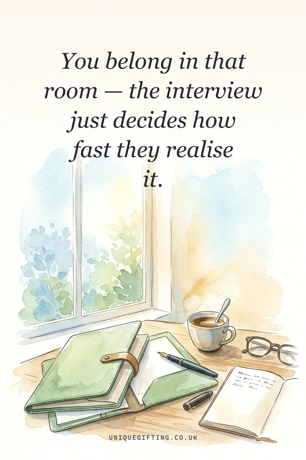 Good luck card reading 'You belong in that room — the interview just decides how fast they realise it' over a soft watercolour of a ready desk by a window