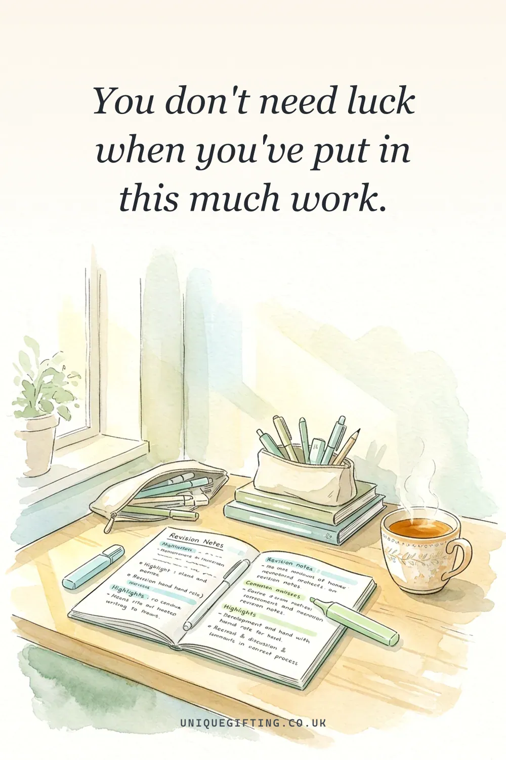 Good luck card reading 'You don't need luck when you've put in this much work' over a soft watercolour of a tidy revision desk