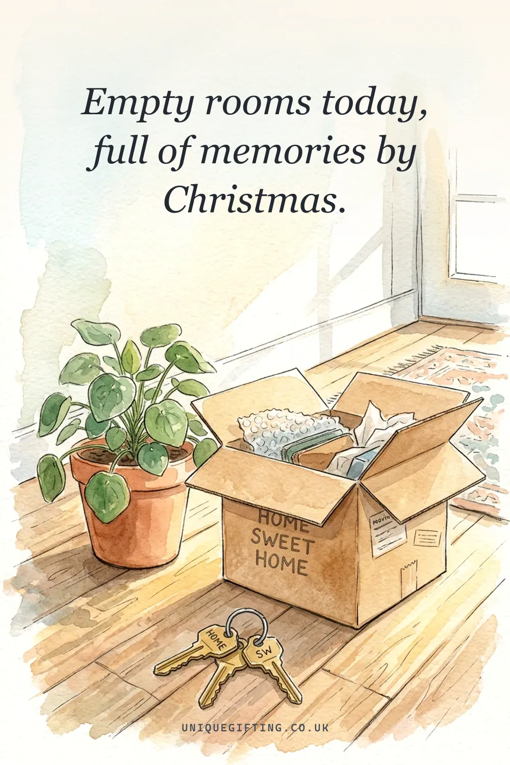New home card reading 'Empty rooms today, full of memories by Christmas' over a soft watercolour of house keys beside a moving box