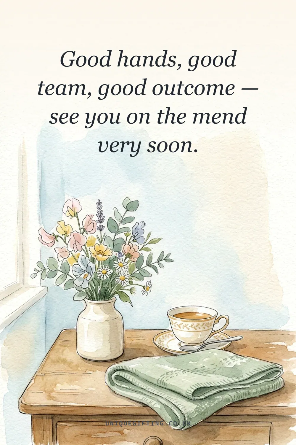 Get well card reading 'Good hands, good team, good outcome — see you on the mend very soon' over a soft watercolour of a calm bedside table with flowers