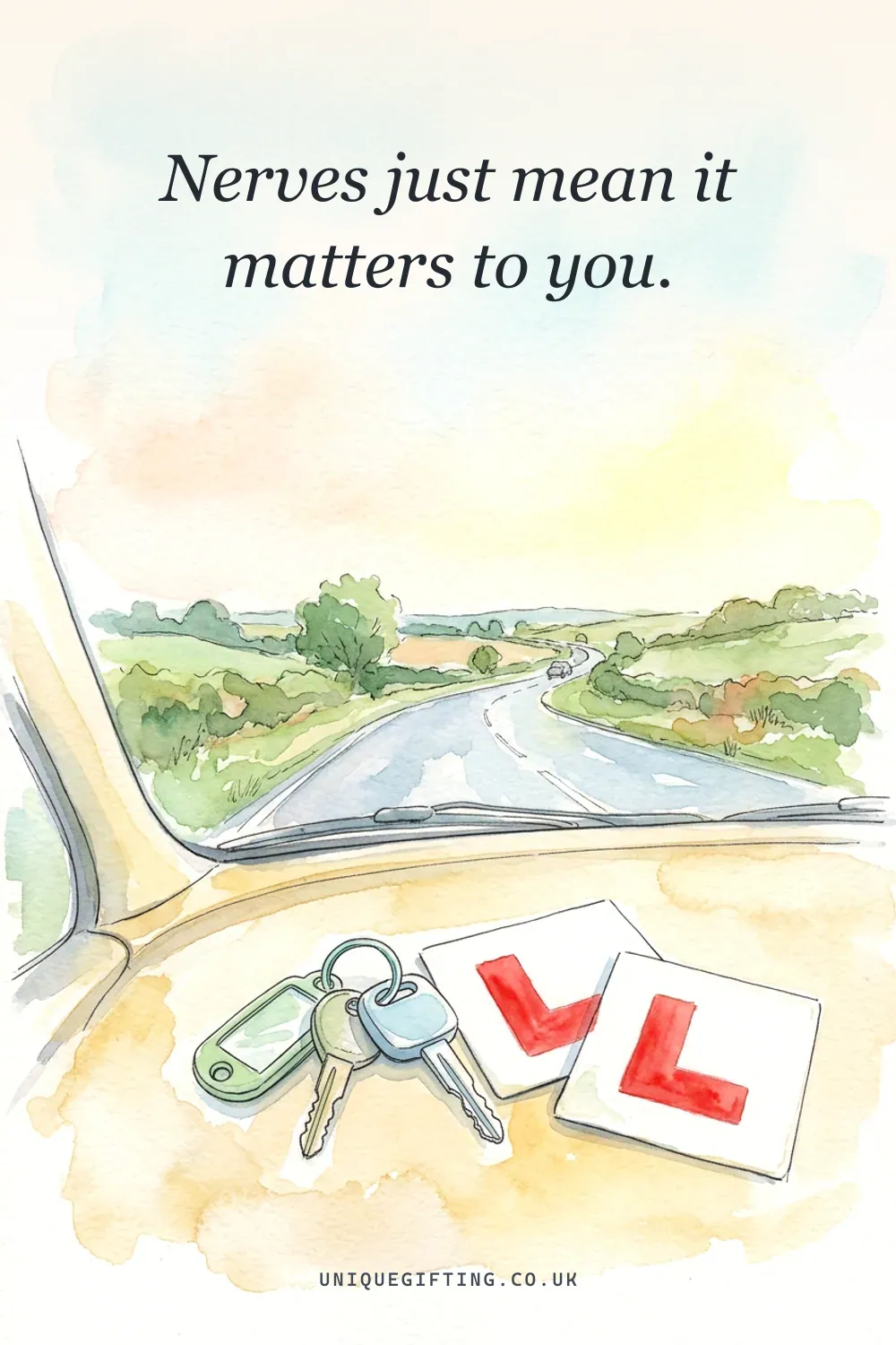 Good luck card reading 'Nerves just mean it matters to you' over a soft watercolour of car keys and L-plates on a sunny dashboard