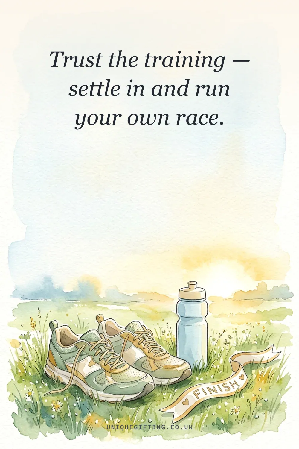 Good luck card reading 'Trust the training — settle in and run your own race' over a soft watercolour of running trainers on dewy grass