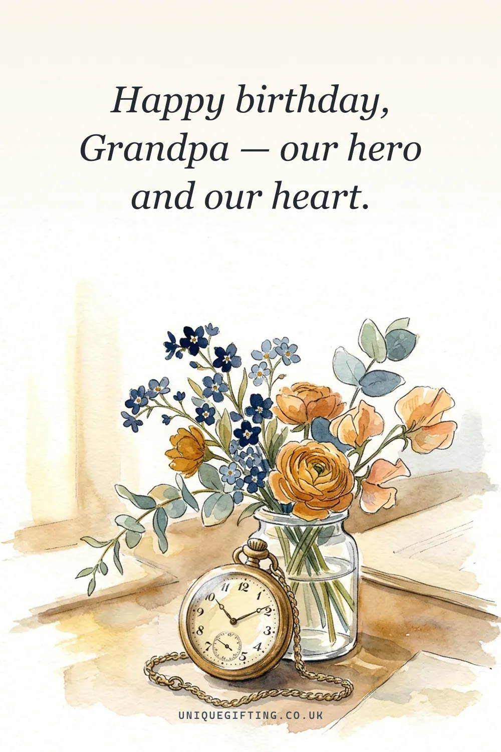 Quote card reading 'Happy birthday to our timeless treasure, our beacon of family love, our very own legend' over a warm candlelit birthday scene