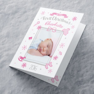 Photo Upload Christmas Card Pink First Christmas