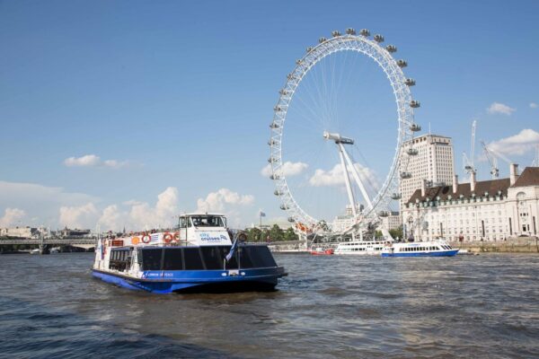 River Thames Sightseeing Cruise with Four Course Lunch Bus Tour at Bustronome for Two
